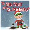 One of Santa's elves performs site testing in the northern polar region. He wears a hard hat under his stocking cap. The text reads "A Site Visit for St. Nicholas."