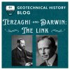 Graphic with text "Terzaghi and Darwin: The Link" and portraits of George Darwin and Karl Terzaghi