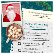Collage. Picture in style of Polaroid instant photo of blog author wearing Santa Claus Claus outfit. Cup of hot chocolate with marshmallows. Piece of graph paper with "A Geotechnical Engineer's Letter to Santa." Another piece of graph paper titled "More Pressing Matters" with a list of check boxes. List items are "Lights, camera, eggnog"; "Renew G-I membership"; "Letter to Santa"; "(Jingle Bell Rock) Mechanics Textbook".