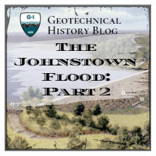 Color illustration of the South Fork Dam with superimposed text, Geotechnical History Blog: The Johnstown Flood, Part 2