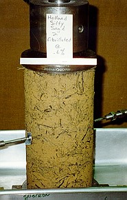 Fiber reinforced soil sample in lab. Courtesy the U.S. Army Corps of Engineers.