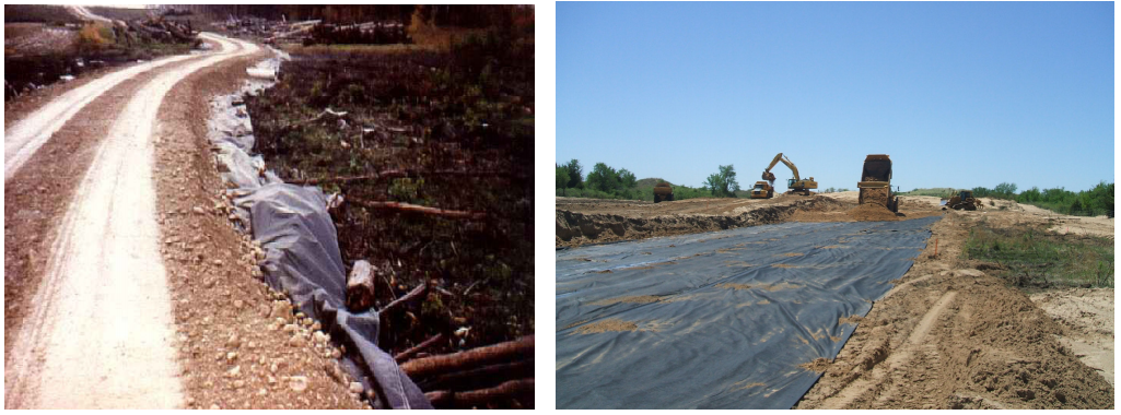 Temporary and unpaved roads (left , Courtesy of NHI) Placement of geosynthetic in roadway (right, Courtesy of Kansas Department of Transportation)