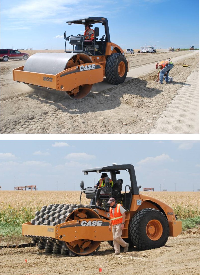 Case SV212 smooth drum and padfoot rollers equipped with roller-integrated ks measurement technology (uses AMMANN on-board display unit). (Courtesy of David White and Pavana Vennapusa of Iowa State University.)