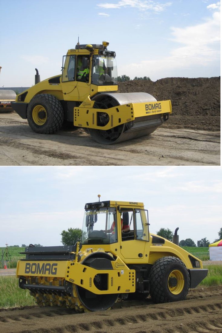Bomag smooth drum and padfoot rollers equipped with roller-integrated EVIB measurement technology. (Courtesy of David White and Pavana Vennapusa of Iowa State University.)
