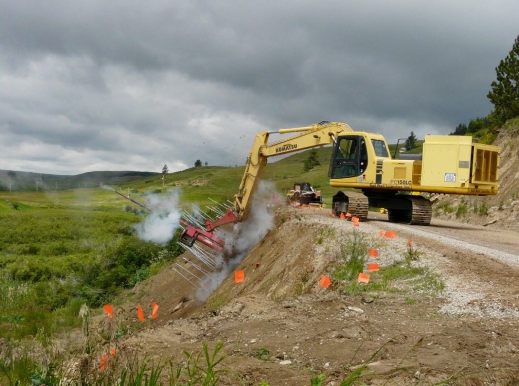 Stabilizing a Failed Road Fill Slope in Fergus County, MT. Courtesy of Soil Nail Launcher, Inc.