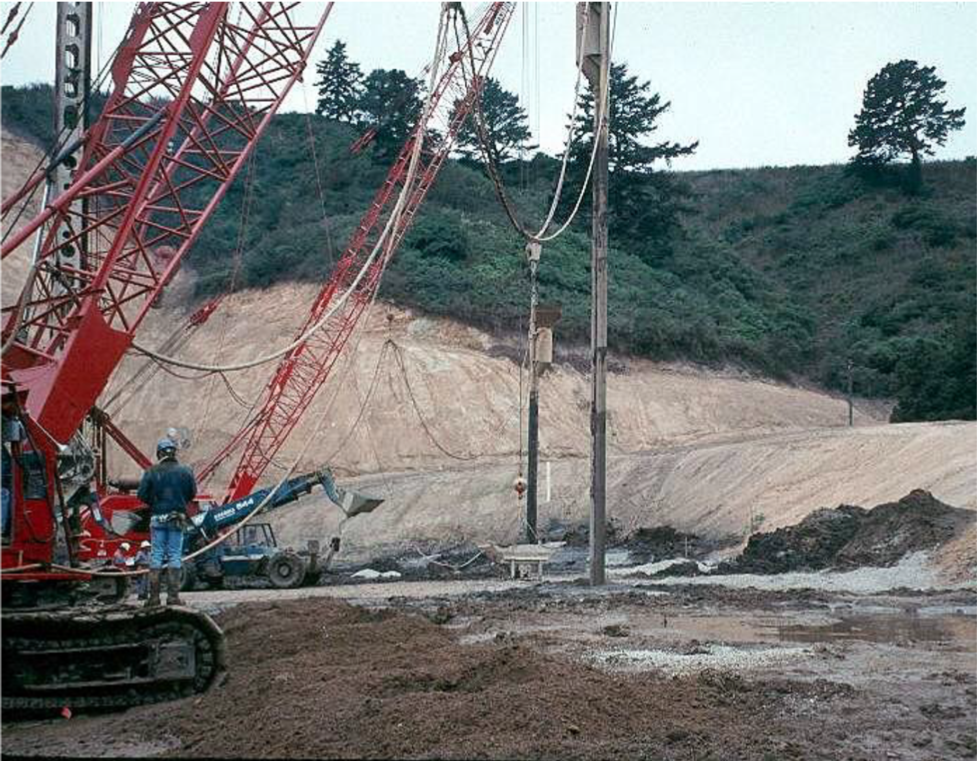 Stone column construction by dry bottom feed process. (Photograph courtesy of James Mitchell.) Stone column construction by dry bottom feed process. (Photograph courtesy of James Mitchell.)