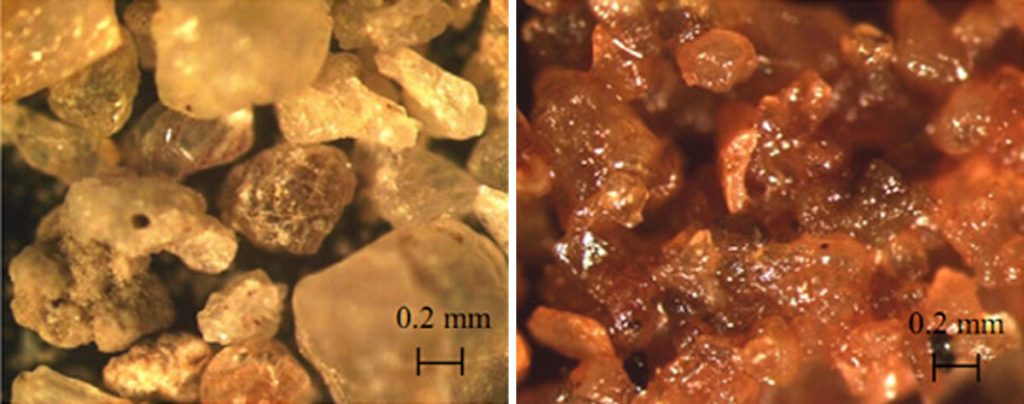 Left: Light microscope photos of untreated sand. Right: sand treated with the iron based biocement (Photos courtesy of Chu et al. 2011, with permission from ASCE).