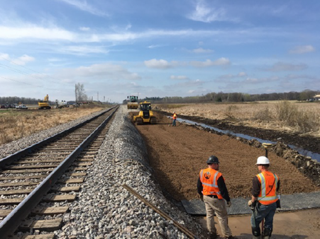 Overview photo of railway track repair using column supported embankment load transfer platform.