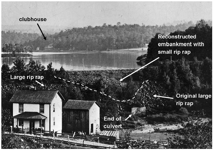 Black and white photograph of the The South Fork Dam and Lake Conemaugh during the 1880s. The lake is on the side of the dam away from the viewer. In the distance, on the far side of the lake, a caption indicates the clubhouse. On the near side of the dam, captions indicate a reconstructed embankment with small rip rap above the original large rip rap. At the base, another caption indicates the end of the culvert. There is a notable lack of vegetation on the rebuilt portion of the dam. A white two-story house and an outbuilding are in the left foreground.