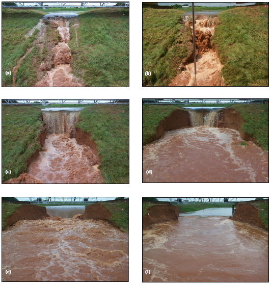Panel showing stages of overtopping failure of a cohesive embankment