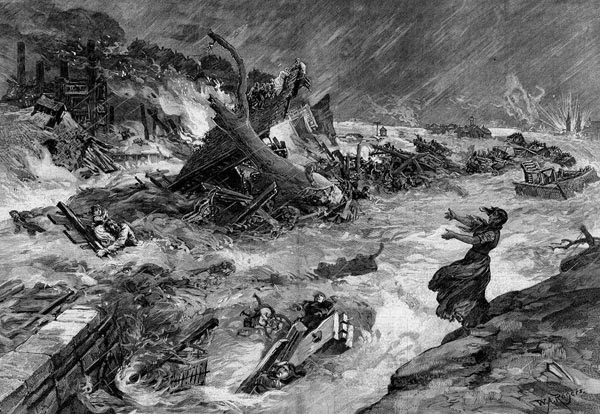 Lithograph illustration of the flood in Johnstown. The sky is dark and heavy rain is falling. In the far left background is a factory-like building with steep chimneys. In front of it, a burning house is being carried on the water. The water is choppy and laden with wreckage, and crashing up over the surface of a stone bridge in the left foreground. No standing buildings are visible. In the right foreground, a woman stands on the rocky bank, crying out with outstretched arms toward the stone bridge, where a man and a child clinging to a slab of wood appear to be struggling to safety on the bridge.