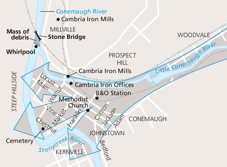 Map of Johnstown showing the path of the flood