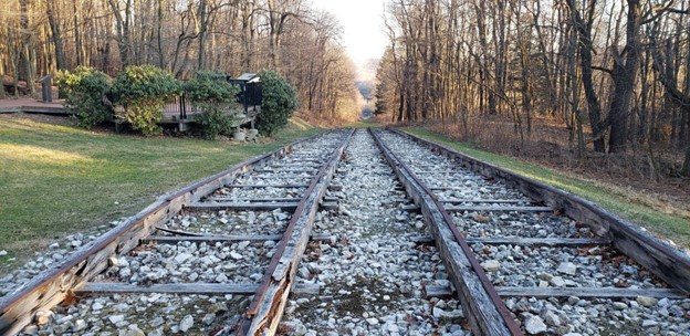 Color photgraph of two lines of railroad tracks