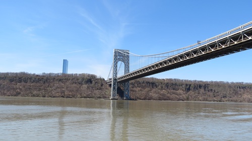 View of George Washington Bridge looking up from the water