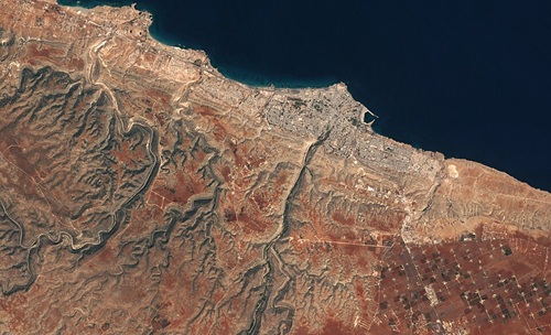 Aerial view of Derna and the Wadi Derna valley before the dam breaches, August 2023