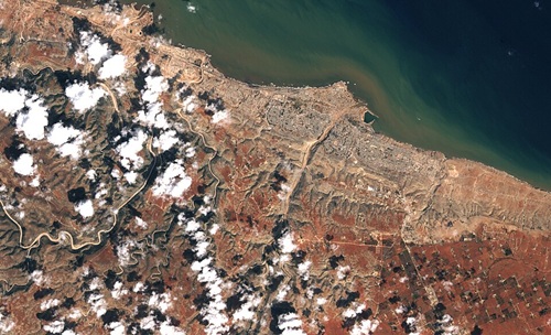 Aerial view of Derna and the Wadi Derna valley after the dam breaches, September 2023