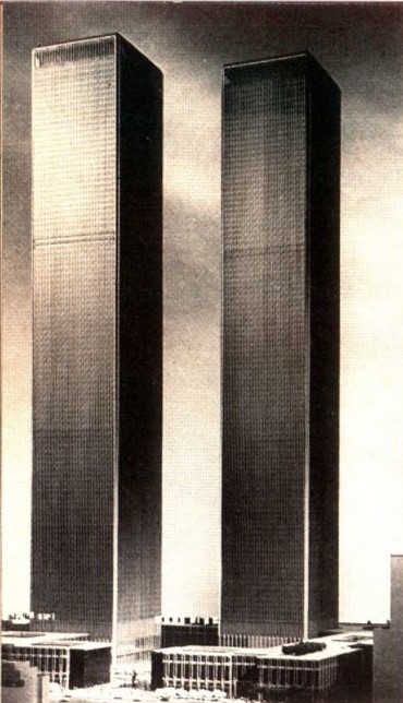 Model of the proposed World Trade Center in Lower Manhattan as revealed in early 1964, with seven-foot-tall renderings of the Twin Towers.  Source: Time (1964).